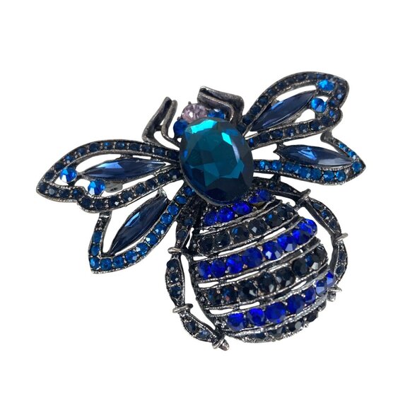 Vintage Blue Rhinestone Encrusted Bumble Bee Brooch Pin Silver Tone Setting - Picture 1 of 7